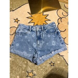 PacSun Mom Shorts 25 Light Wash Blue Floral Daisy Denim High Waisted Raw Hem